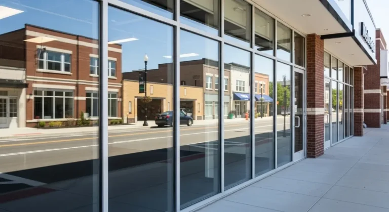 Clean and reflective glass windows on a commercial storefront in Roseville, showing streak-free surfaces after professional window washing service.