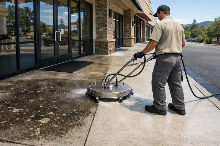 Commercial Storefront Pressure Washing in Folsom CA | Concrete Walkway Cleaning Professional pressure washing of a commercial storefront concrete walkway in Folsom CA using a flat surface cleaner to remove gum, dirt, and traffic stains near glass entry doors.