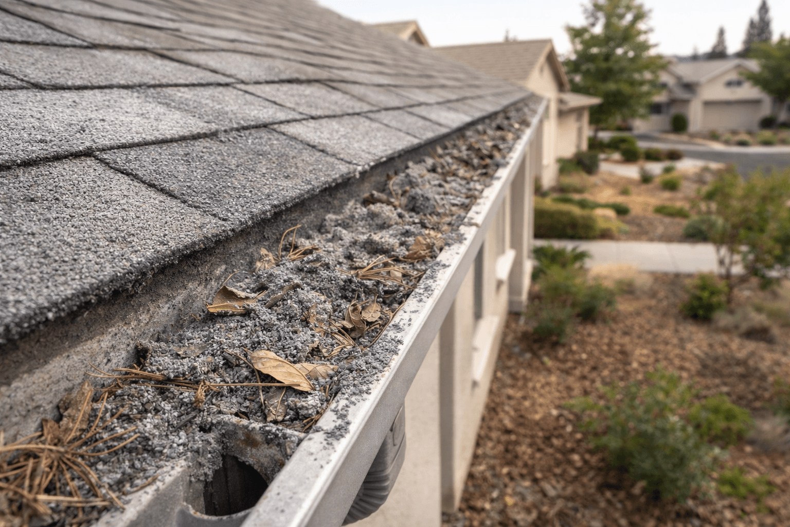 Aluminum rain gutter filled with gray wildfire ash, oak leaves, and pine needles on a Folsom California home roof before professional gutter cleaning service.