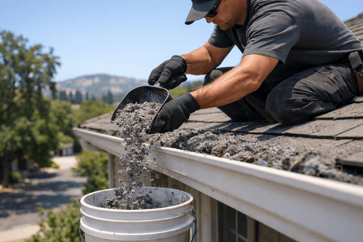 Technician performing professional gutter cleaning in Folsom CA using a hand scoop to remove gray wildfire ash and debris from residential roof gutters under clear blue sky