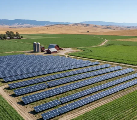 A large agricultural solar panel array installed on a farm in El Dorado Hills with red barns, silos, and fields in the background, highlighting the need for professional solar panel cleaning services.
