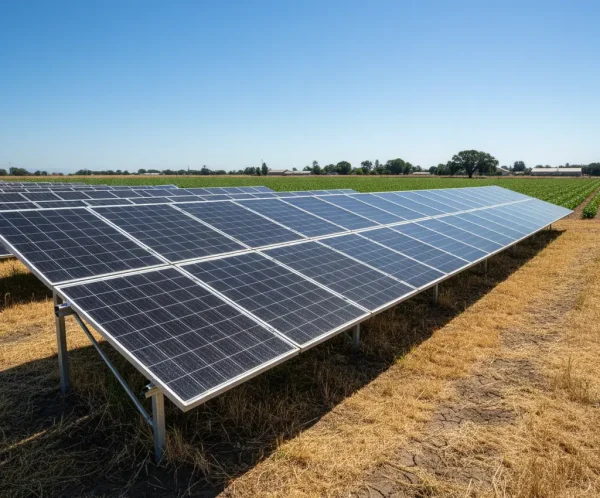 Clean agricultural solar panels installed in a sunny field near Roseville, CA, maintained for optimal energy efficiency by Wash Works LLC