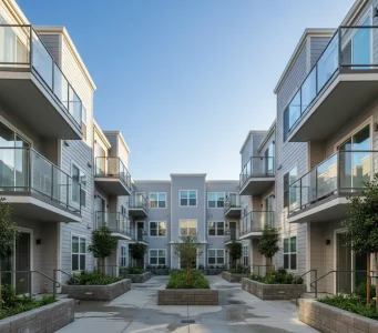 Clean and modern multi-family apartment complex with clear, streak-free windows in Roseville, showcasing professional exterior window cleaning services.