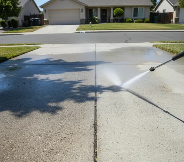Suburban driveway being cleaned, half showing dirt, half freshly washed. Wet streaks shine under sunlight. No people, no logos, no text. No digital art, no filters. Realistic natural light and clean surface contrast.