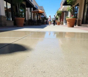 Clean concrete walkway in a Sacramento outdoor shopping center after professional pressure washing with people walking in the background and storefronts on both sides.