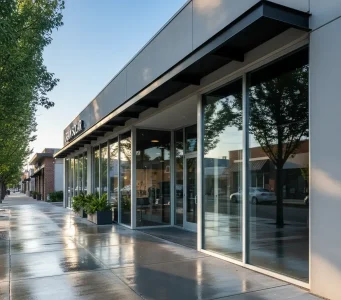 Clean commercial storefront with freshly pressure-washed sidewalk in Sacramento, California.