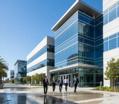 Five business professionals walk in front of a modern office building with sparkling clean glass windows in Sacramento, reflecting a bright blue sky, showcasing professional commercial window cleaning services from Wash Works LLC.