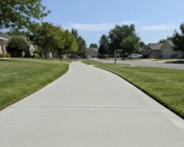Freshly pressure washed residential sidewalk in a Roseville neighborhood with clean concrete and green grass on both sides, showcasing professional exterior cleaning results.