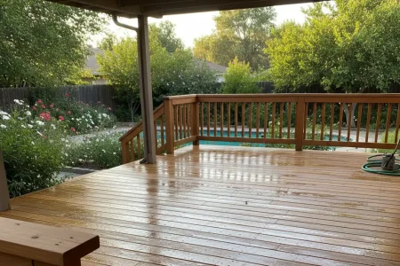 Clean and wet wooden deck overlooking a backyard pool and garden in Fair Oaks after professional pressure washing service.