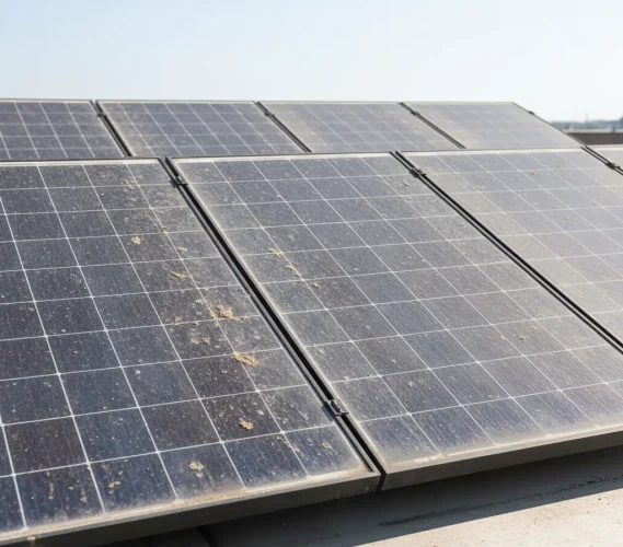 Close-up view of dirty utility-scale solar panels on a rooftop in Roseville, showing accumulated dirt and debris in need of professional solar panel cleaning service