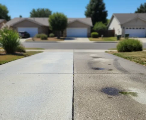 A residential driveway in Folsom, California, shown half cleaned with pressure washing. The left side is bright and spotless, while the right side is stained with oil and dirt, highlighting the effectiveness of the cleaning service.