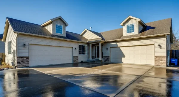 Freshly pressure washed concrete driveway in front of a suburban home in Rancho Cordova, showcasing a clean and gleaming surface after professional exterior cleaning services.