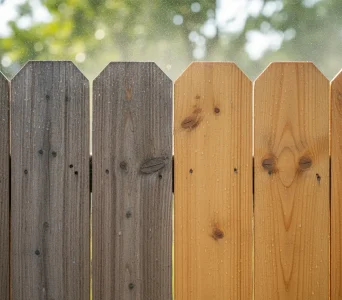 Close-up of a wooden fence being cleaned through pressure washing in Granite Bay, showing contrast between cleaned and uncleaned sections.