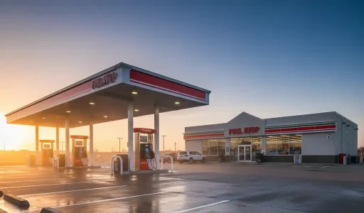 A freshly cleaned gas station in Rancho Cordova at sunset, showing spotless concrete surfaces and pump area after professional pressure washing services.