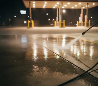 Pressure washing a gas station concrete surface at night in Sacramento, showcasing reflective wet pavement under bright overhead lights.