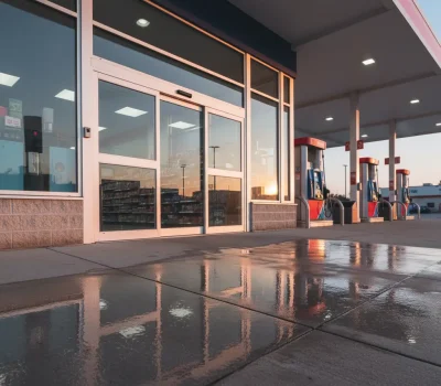 Cleaned concrete surface in front of a Sacramento gas station with visible reflections, showing results of commercial pressure washing services at sunset.