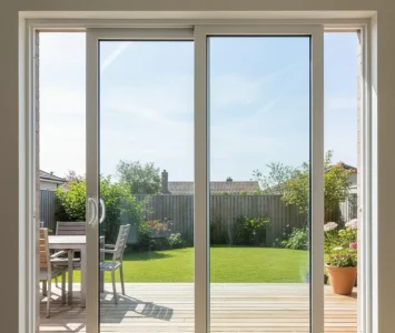 Clean sliding glass doors offering a clear view of a sunny backyard with a wooden deck, outdoor table, chairs, and garden in Sacramento.