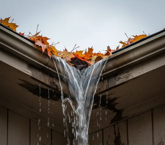 Clogged residential gutter overflowing with water and autumn leaves in Rancho Cordova, indicating the need for seasonal gutter cleaning and debris removal.