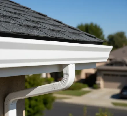 Close-up view of a clean white residential gutter with attached downspout on a house roof in Fair Oaks, showing effective roof drainage and seasonal gutter maintenance.