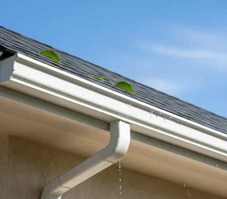 Clean roof gutter and downspout on home in Orangevale, California with clear drainage.