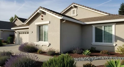 A clean beige stucco house in Rancho Cordova with soft-washed siding, sparkling windows, and a well-maintained front yard with trimmed plants under a clear sky.
