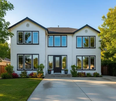 Front view of a two-story white house with clean siding, windows, and a driveway after professional house washing service in Roseville, surrounded by well-maintained landscaping in a suburban neighborhood.