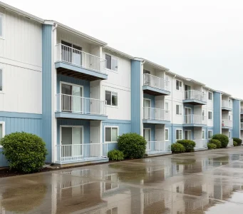 Exterior view of a freshly pressure washed multi-family apartment building in Roseville, featuring clean siding, balconies, and a wet, spotless driveway.