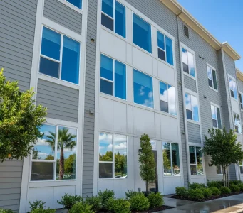 Freshly cleaned windows on a multi-family residential building in Roseville, California, showing clear reflections, well-maintained siding, and landscaped greenery in front.