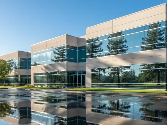 Orangevale office complex with wet, gleaming windows reflecting landscape. Stucco and glass combo exterior.