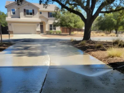 Photorealistic Folsom driveway mid-pressure wash, clear water lines separating clean and dirty areas. Bright daylight, oak shadows, stucco home in background.