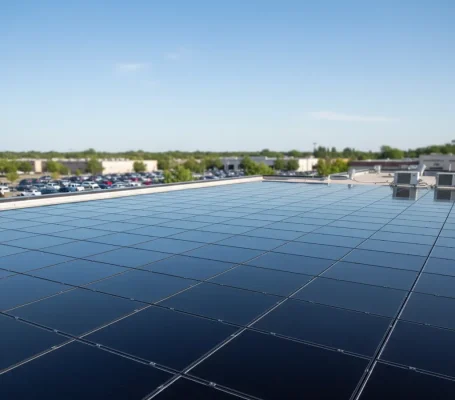 Commercial building rooftop panels wet and streak-free, light reflecting evenly. Surrounding parking lot faintly visible.