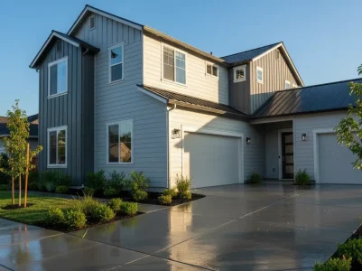 Rancho Cordova home exterior glistening from pressure wash, siding visibly brightened, driveway damp.