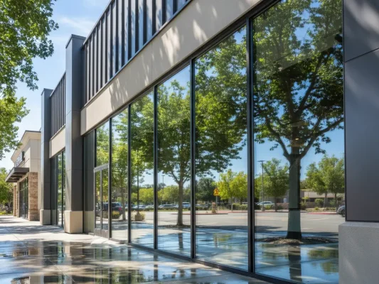 Rancho Cordova retail glass storefront freshly cleaned, sunlight and trees reflected. Wet walkway shimmering.