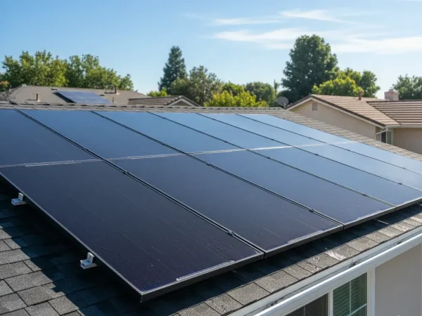 Rooftop solar system on suburban home cleaned to mirror finish. Bright reflections from clear sky, faint water streaks drying.