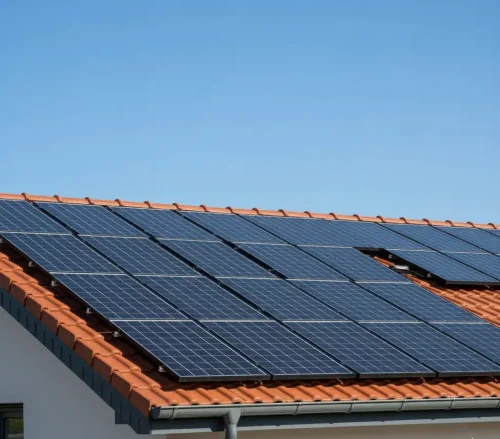 Clean rooftop solar panels on a residential home in El Dorado Hills under a clear blue sky, showcasing professional solar panel cleaning services by Wash Works LLC.
