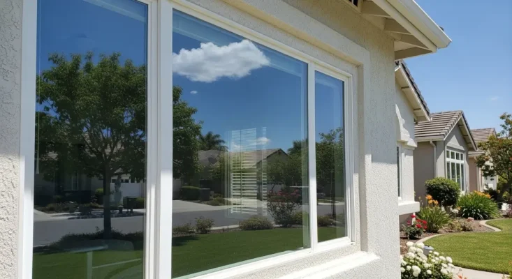 Clean residential window reflecting a sunny suburban neighborhood with trimmed lawns and trees in Citrus Heights after professional window cleaning service.