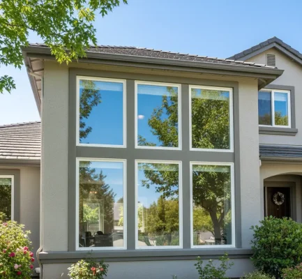 Freshly cleaned large residential windows reflecting trees and a clear blue sky in a well-maintained home in Folsom.