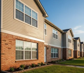 Clean multi-family residential building in Rancho Cordova with large glass windows and brick siding, following professional window cleaning service.