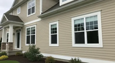 Clean, streak-free residential windows on a beige home in Roseville after professional window washing service.