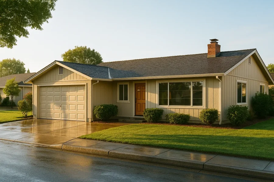 Rocklin home gleaming after wash, driveway still wet, sunlight reflecting off clean windows. Suburban street view.