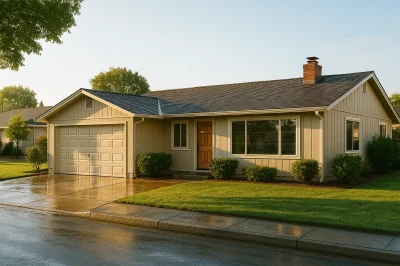 Rocklin home gleaming after wash, driveway still wet, sunlight reflecting off clean windows. Suburban street view.