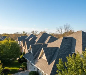 Clean, well-maintained rooftops of residential homes in Roseville, California surrounded by trimmed trees and blue sky, showcasing results of professional roof cleaning and house washing services