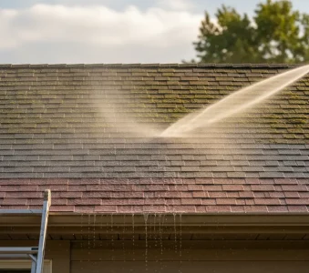 Person pressure washing a moss-covered shingle roof on a residential home in Roseville, removing dirt and organic buildup for a clean and restored appearance.