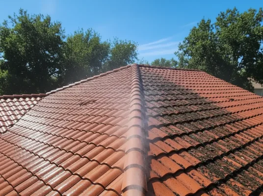 Sacramento home with terracotta roof tiles half cleaned, fine mist and reflections under sunlight.