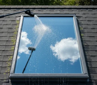 A technician using a water-fed pole to clean a rooftop skylight window on a shingle roof in Roseville, removing dirt and water spots under clear skies.