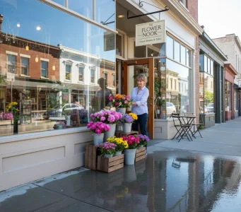 A woman arranges colorful flowers outside a clean storefront on a freshly pressure-washed sidewalk in Sacramento, showcasing commercial exterior cleaning services.