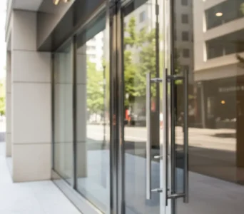 Clean glass storefront windows and doors on a commercial building in Roseville, reflecting the surrounding cityscape, after professional window cleaning service.