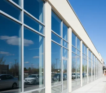 Clean commercial storefront windows reflecting blue skies and white clouds in Roseville, California, professionally washed and streak-free.