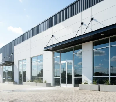 Clean modern commercial building in Roseville with reflective glass windows and tidy concrete sidewalk, showcasing recent storefront window cleaning and exterior pressure washing services.