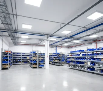 Clean and organized commercial warehouse in Sacramento with polished concrete floors and metal shelving, showcasing results of professional warehouse floor cleaning and concrete degreasing services.